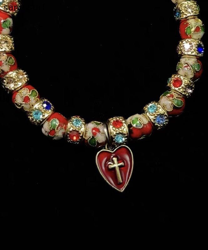 Vintage Red Acrylic Stringing Beads Zircon Alloy Charm Bracelet