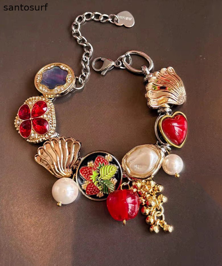 Vogue Red Stainless Steel Pearl Strawberry Charm Bracelet